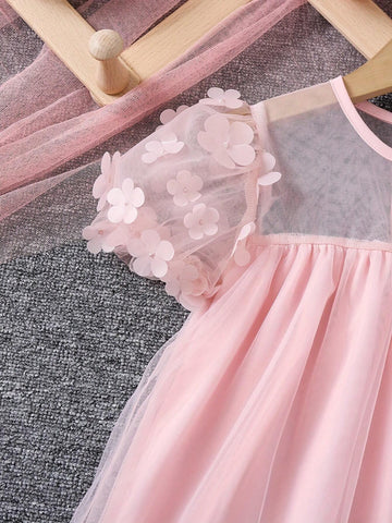 Girls Summer Mesh Patchwork 3D Flower Decor Fashion Princess Dress With Crossbody Bag