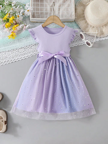 Girls' Summer Mini Dress With Simple Ombre Color Sequin Mesh Splice, Round Neck, Ruched Waist, And Short Puff Sleeves + Ribbon Belt