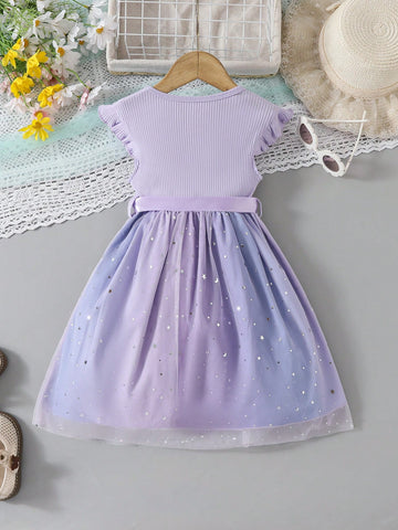 Girls' Summer Mini Dress With Simple Ombre Color Sequin Mesh Splice, Round Neck, Ruched Waist, And Short Puff Sleeves + Ribbon Belt