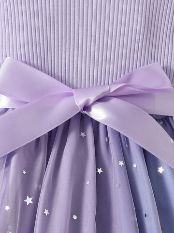 Girls' Summer Mini Dress With Simple Ombre Color Sequin Mesh Splice, Round Neck, Ruched Waist, And Short Puff Sleeves + Ribbon Belt