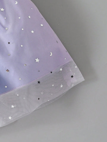 Girls' Summer Mini Dress With Simple Ombre Color Sequin Mesh Splice, Round Neck, Ruched Waist, And Short Puff Sleeves + Ribbon Belt