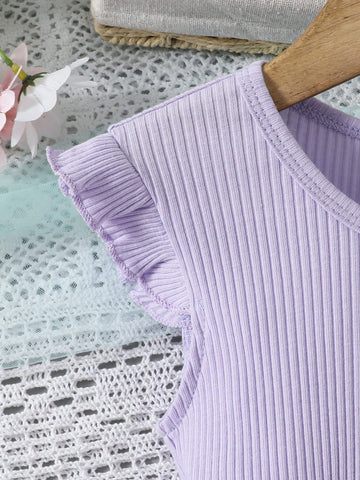 Girls' Summer Mini Dress With Simple Ombre Color Sequin Mesh Splice, Round Neck, Ruched Waist, And Short Puff Sleeves + Ribbon Belt