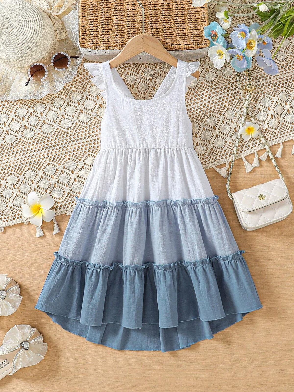Girls' Summer Multi-Color Patchwork Spaghetti Strap Ruffle Hem Ladylike Style Maxi Dress