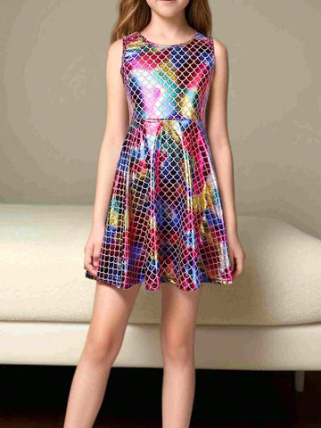 Girls" Summer New Arrival Mermaid Scale Printed Party A-Line Sleeveless Dress SH1726 (Random Scale Orientation)