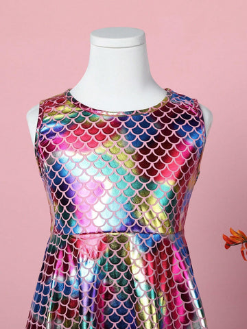 Girls" Summer New Arrival Mermaid Scale Printed Party A-Line Sleeveless Dress SH1726 (Random Scale Orientation)