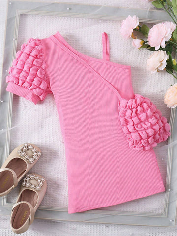 Girls' Summer New Bubble Plaid Sleeves Slim Shoulder Strap Dress With Bag