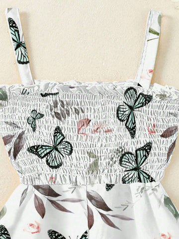 Girls" Summer New Butterfly Printed Jumpsuit, Kids" Casual Strap Romper For Toddlers And Children
