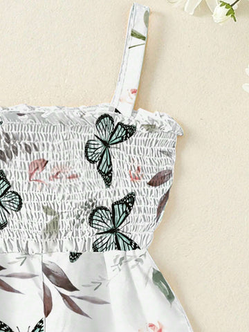 Girls" Summer New Butterfly Printed Jumpsuit, Kids" Casual Strap Romper For Toddlers And Children
