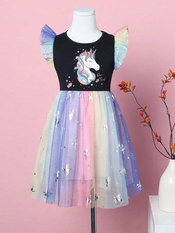 Girls' Summer New Cartoon Unicorn Printed Rainbow Tulle Spliced Sleeveless Dress For Princess Birthday Party SH1791