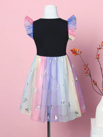 Girls' Summer New Cartoon Unicorn Printed Rainbow Tulle Spliced Sleeveless Dress For Princess Birthday Party SH1791