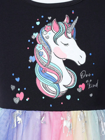 Girls' Summer New Cartoon Unicorn Printed Rainbow Tulle Spliced Sleeveless Dress For Princess Birthday Party SH1791