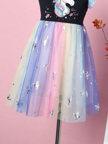 Girls' Summer New Cartoon Unicorn Printed Rainbow Tulle Spliced Sleeveless Dress For Princess Birthday Party SH1791