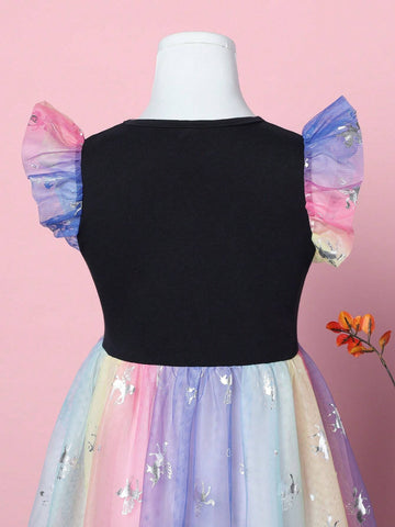 Girls' Summer New Cartoon Unicorn Printed Rainbow Tulle Spliced Sleeveless Dress For Princess Birthday Party SH1791