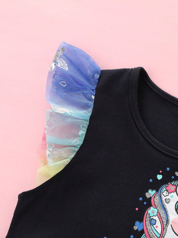Girls' Summer New Cartoon Unicorn Printed Rainbow Tulle Spliced Sleeveless Dress For Princess Birthday Party SH1791