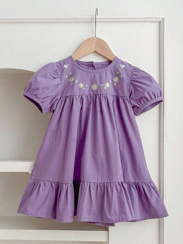 Girls' Summer New Flower Embroidery Short Sleeve Sweet Princess Dress
