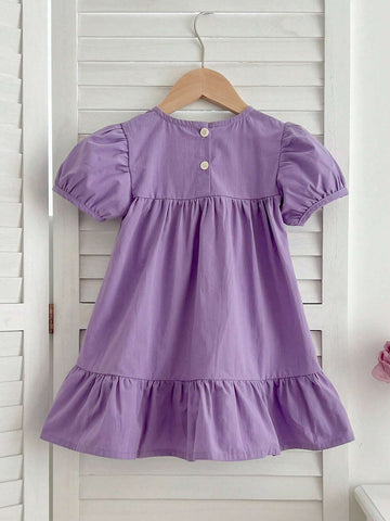 Girls' Summer New Flower Embroidery Short Sleeve Sweet Princess Dress