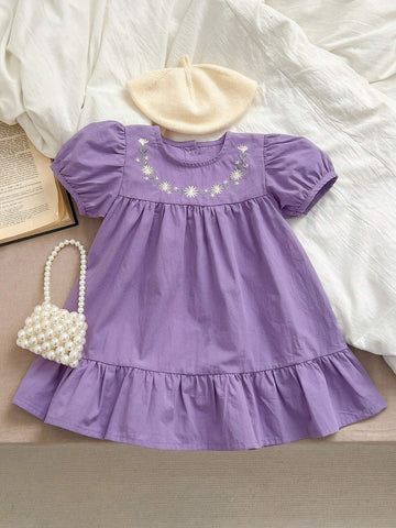 Girls' Summer New Flower Embroidery Short Sleeve Sweet Princess Dress
