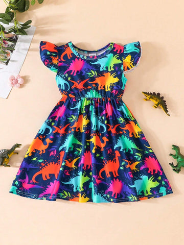 Girls' Summer New Flying Sleeves Cartoon Cute Dinosaur Pattern Dress