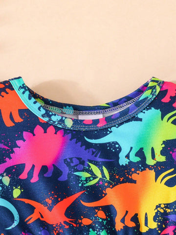 Girls' Summer New Flying Sleeves Cartoon Cute Dinosaur Pattern Dress