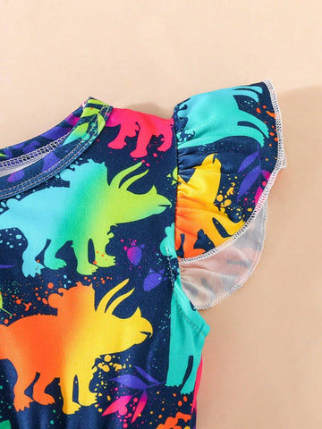 Girls' Summer New Flying Sleeves Cartoon Cute Dinosaur Pattern Dress