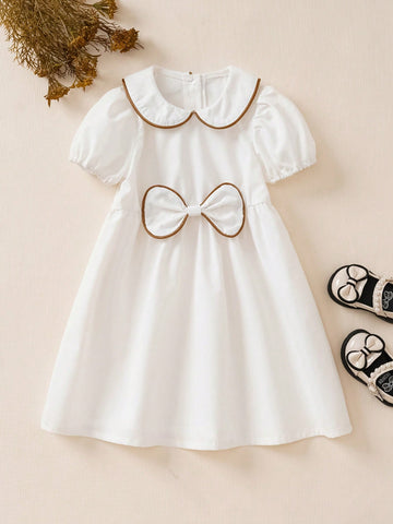 Girls Summer New Peter Pan Collar Edge Trim Accent Puffy Sleeve Waist Big Bow Decor Princess Minimalist Elegant Dress
