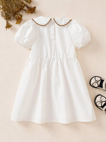 Girls Summer New Peter Pan Collar Edge Trim Accent Puffy Sleeve Waist Big Bow Decor Princess Minimalist Elegant Dress