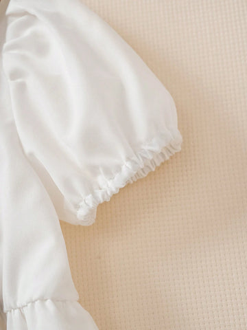 Girls Summer New Peter Pan Collar Edge Trim Accent Puffy Sleeve Waist Big Bow Decor Princess Minimalist Elegant Dress