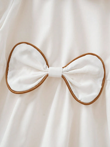 Girls Summer New Peter Pan Collar Edge Trim Accent Puffy Sleeve Waist Big Bow Decor Princess Minimalist Elegant Dress