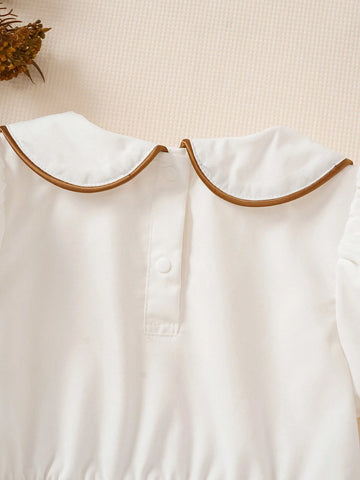Girls Summer New Peter Pan Collar Edge Trim Accent Puffy Sleeve Waist Big Bow Decor Princess Minimalist Elegant Dress