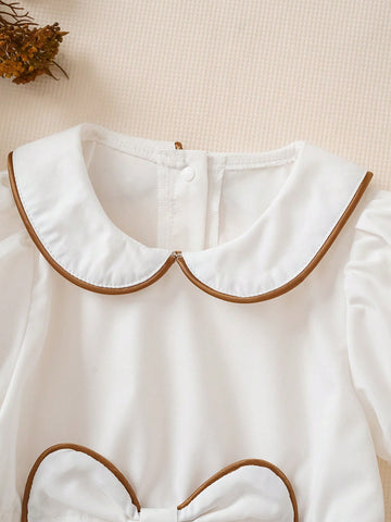 Girls Summer New Peter Pan Collar Edge Trim Accent Puffy Sleeve Waist Big Bow Decor Princess Minimalist Elegant Dress