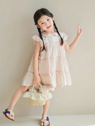 Girls' Summer New Ruffled Collar Embroidered Loose Dress, Fashion Children Dress