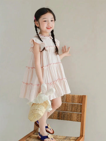 Girls' Summer New Ruffled Collar Embroidered Loose Dress, Fashion Children Dress