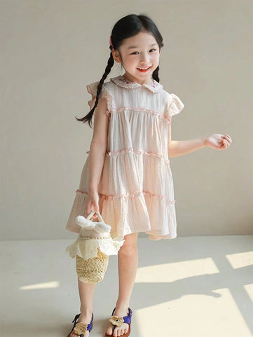 Girls' Summer New Ruffled Collar Embroidered Loose Dress, Fashion Children Dress