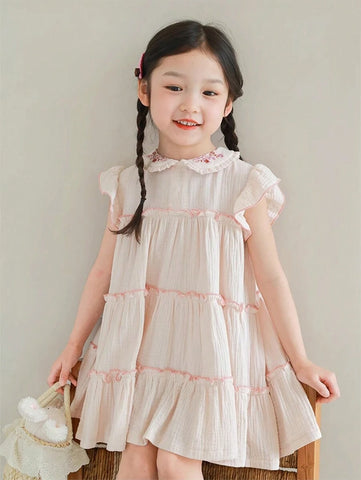 Girls' Summer New Ruffled Collar Embroidered Loose Dress, Fashion Children Dress