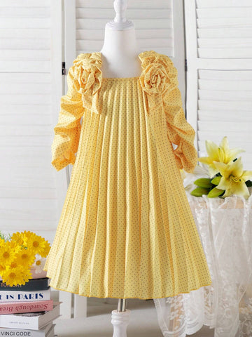 Girls' Summer New Sweet Bubble Short Sleeve Square Neck Pleated Dress