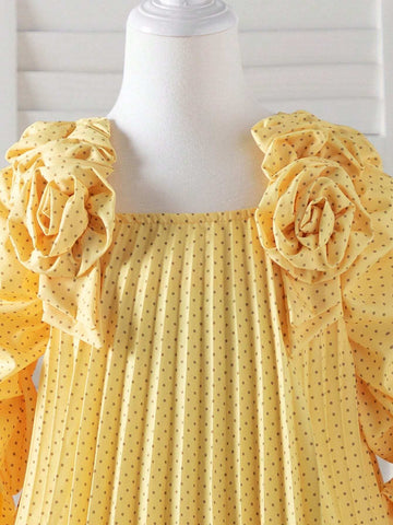 Girls' Summer New Sweet Bubble Short Sleeve Square Neck Pleated Dress