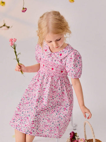 Girls" Summer New Sweet Pink Small Floral Embroidered Ruffled Princess Dress