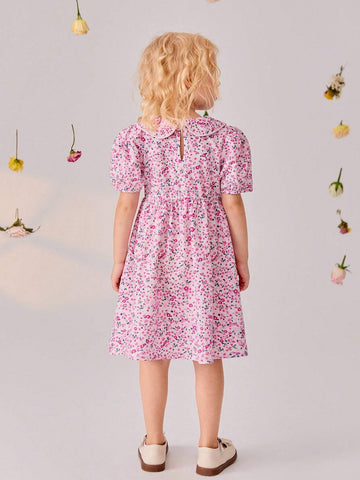 Girls" Summer New Sweet Pink Small Floral Embroidered Ruffled Princess Dress