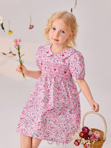 Girls" Summer New Sweet Pink Small Floral Embroidered Ruffled Princess Dress