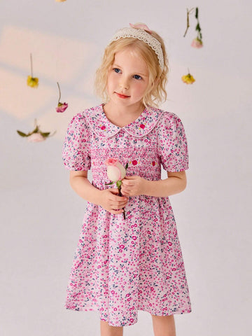 Girls" Summer New Sweet Pink Small Floral Embroidered Ruffled Princess Dress
