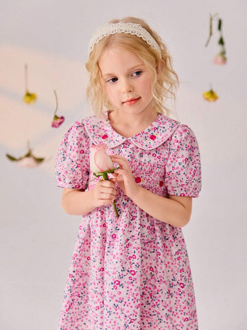 Girls" Summer New Sweet Pink Small Floral Embroidered Ruffled Princess Dress