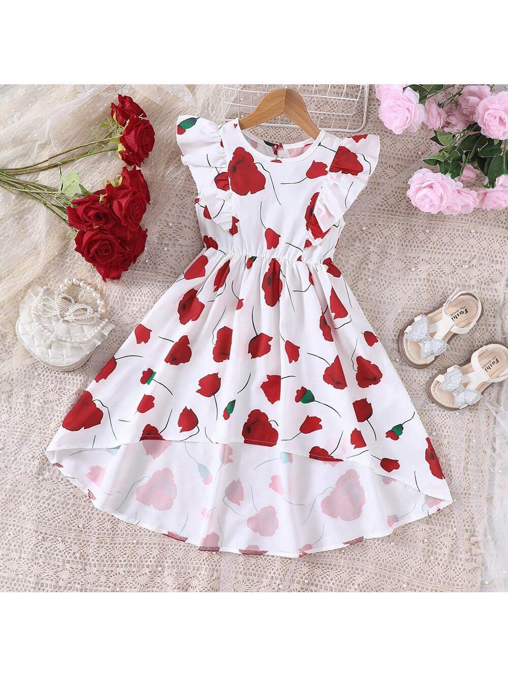 Girls" Summer New Sweet Ruffle Trim Asymmetric Hem Dress With Vacation Style