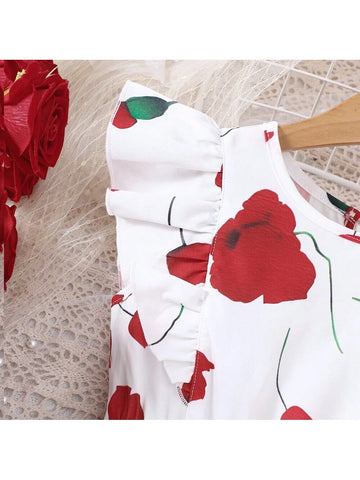 Girls" Summer New Sweet Ruffle Trim Asymmetric Hem Dress With Vacation Style