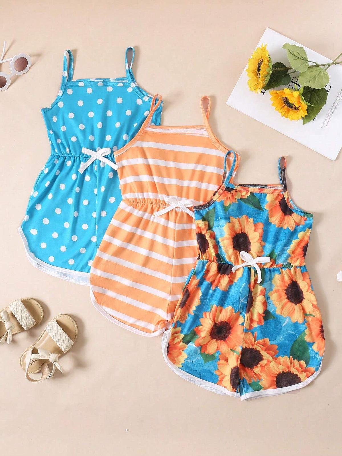 Girls' Summer New Vacation Strap Jumpsuit Beach Leisure 3pcs Set