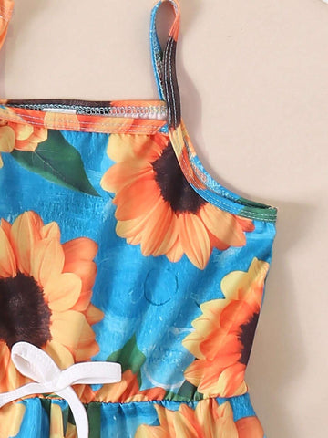 Girls' Summer New Vacation Strap Jumpsuit Beach Leisure 3pcs Set