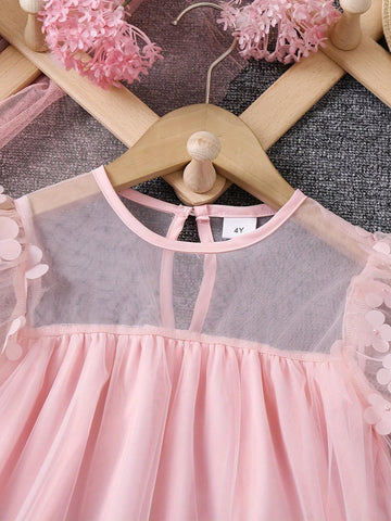 Girls" Summer Princess Dress With Mesh Patchwork, 3D Flowers, Trendy Crossbody Bag