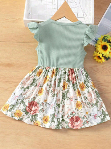 Girls" Summer Retro Floral Casual Dress With Round Neck, Flutter Sleeves, Pit Strip And Bow Tie