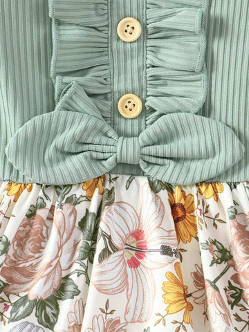 Girls" Summer Retro Floral Casual Dress With Round Neck, Flutter Sleeves, Pit Strip And Bow Tie