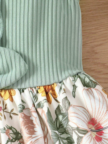 Girls" Summer Retro Floral Casual Dress With Round Neck, Flutter Sleeves, Pit Strip And Bow Tie