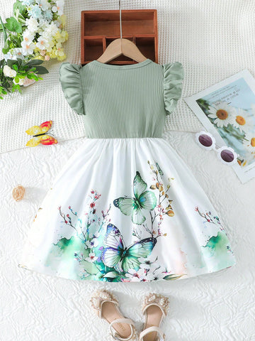 Girls' Summer Ruffled Sleeve Bow-Knot Placement Rose Print Casual Dress